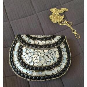 Ramla Handmade Mosaic Beaded Shoulder Bag Black Gold White Chain Strap